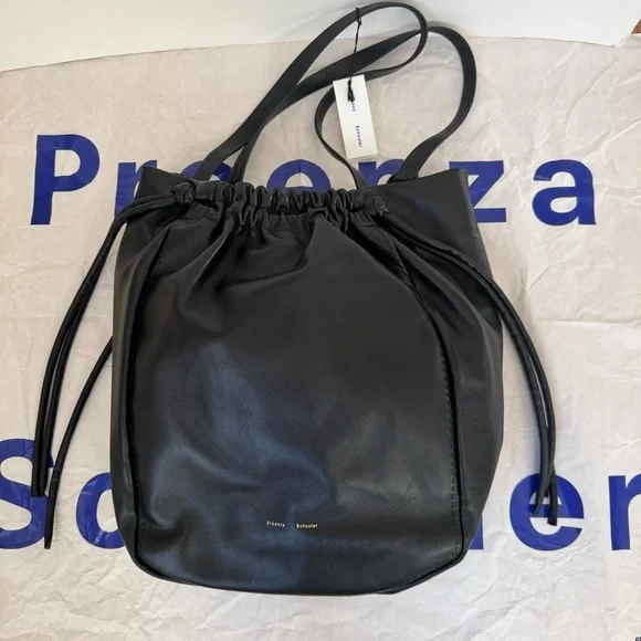 NWT PROENZA SCHOULER Black Leather Drawstring Tote Bag With Detachable Zip Pouch - Picture 7 of 16